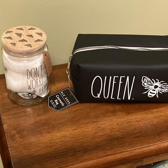 RAE DUNN "QUEEN BEE."Cosmetic Bag and "DON"T WORRY BEE HAPPY" Cotton Rounds Jar - Picture 2 of 6